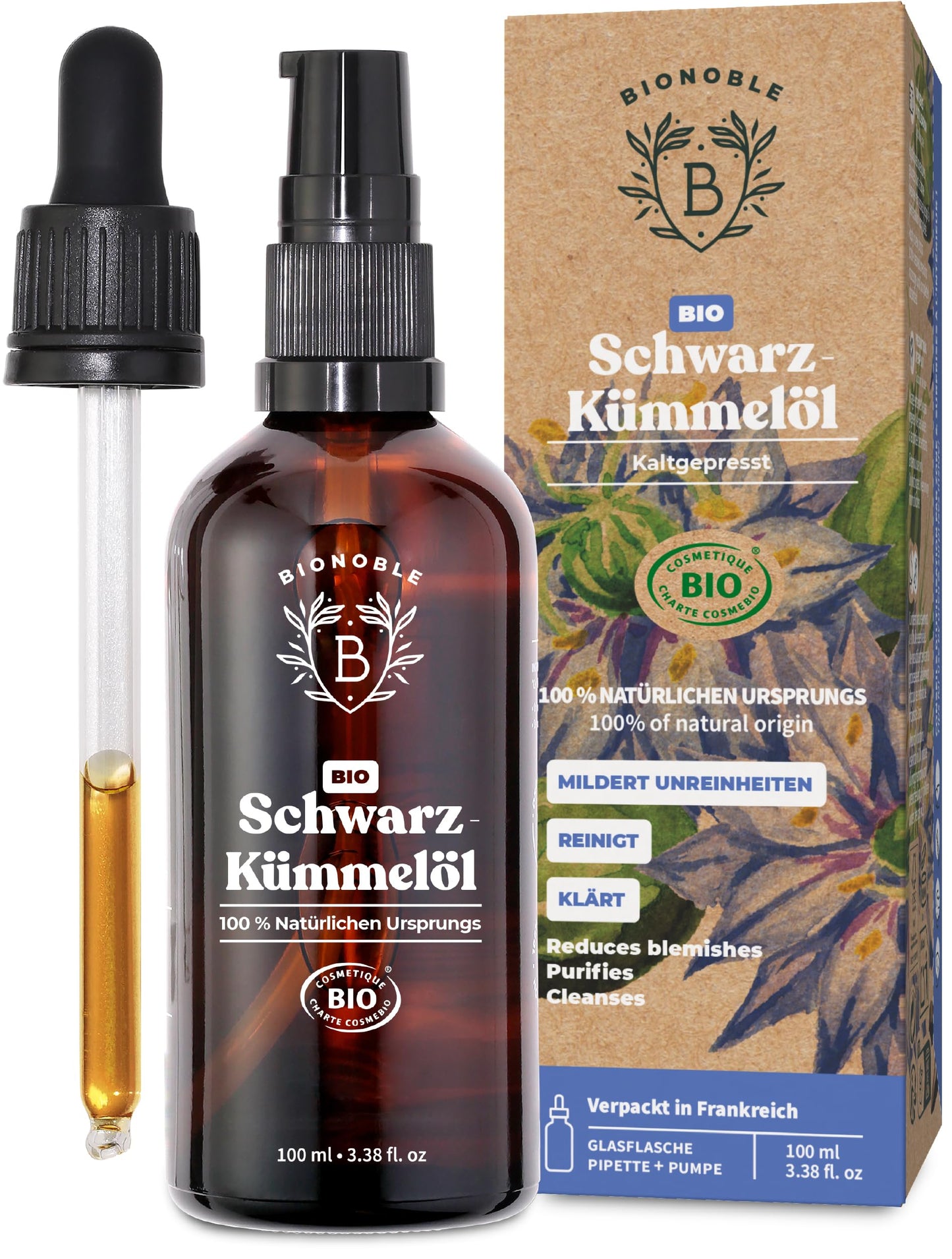 Bionoble Organic Castor Oil, 50 ml, 100% Pure, Natural and Cold Pressed, for Eyelashes, Eyebrows, Hair, Beard, Nails, Vegan and Cruelty-Free, Glass Bottle + Pipette + Pump