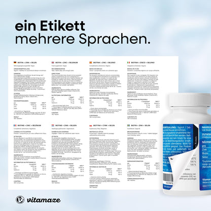 Biotin High Dose with Selenium and Zinc for Hair Growth, Skin and Nails, 365 Vegan Tablets for 1 Year, Biotin High Dose 10,000 mcg, Made in Germany