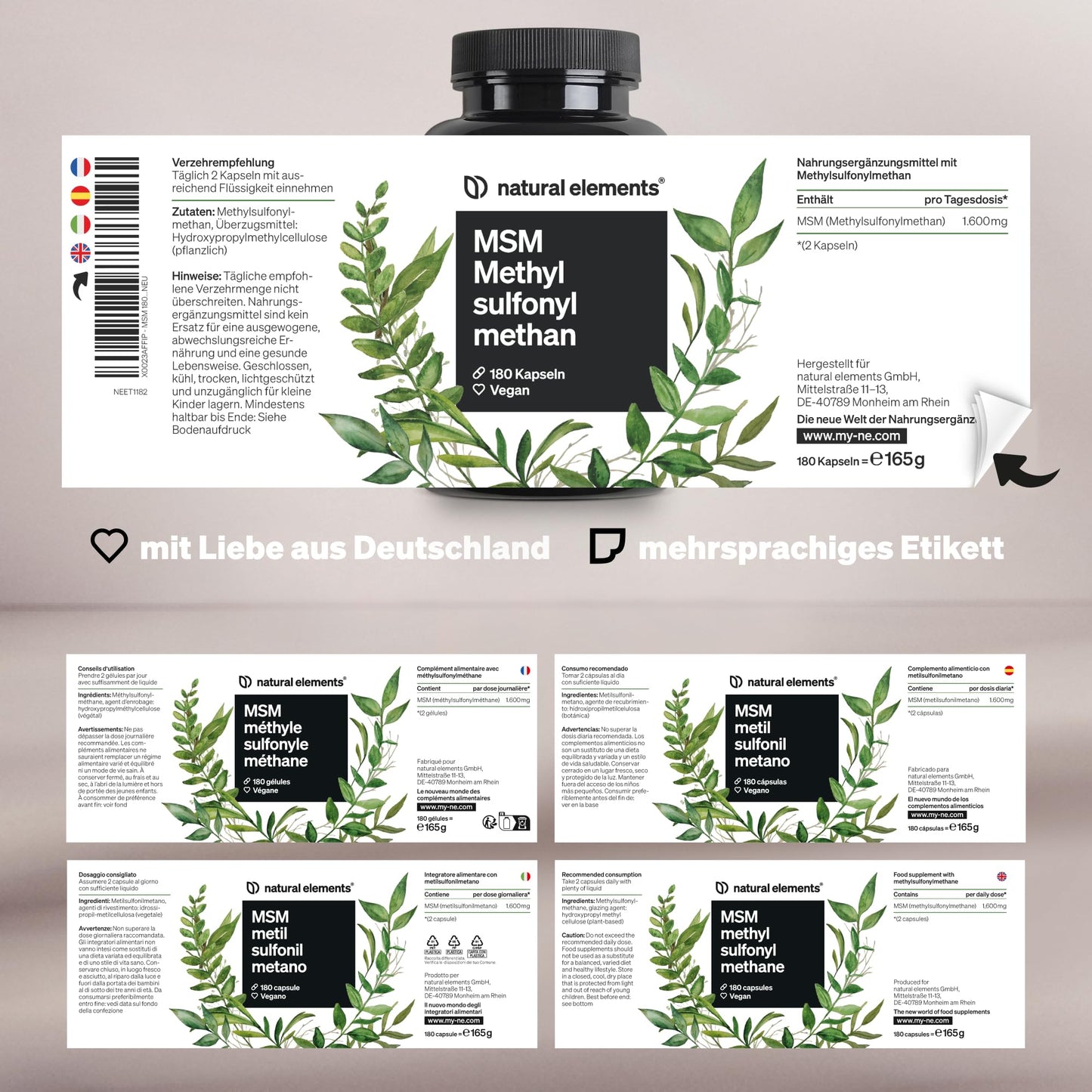 MSM Capsules, 365 Vegan Capsules, Laboratory Tested, 1600 mg, Methylsulfonylmethane (MSM) Powder per Daily Dose, No Magnesium Stearate, High Dose, Produced in Germany