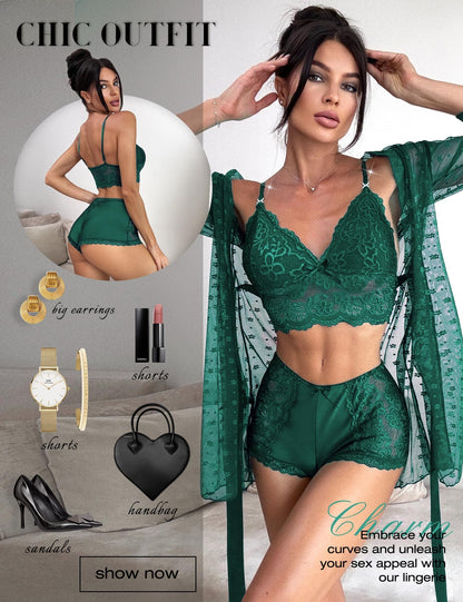 RSLOVE Sexy Lingerie Set for Women - Lace Underwear Dressing Gown with Bra and Panties