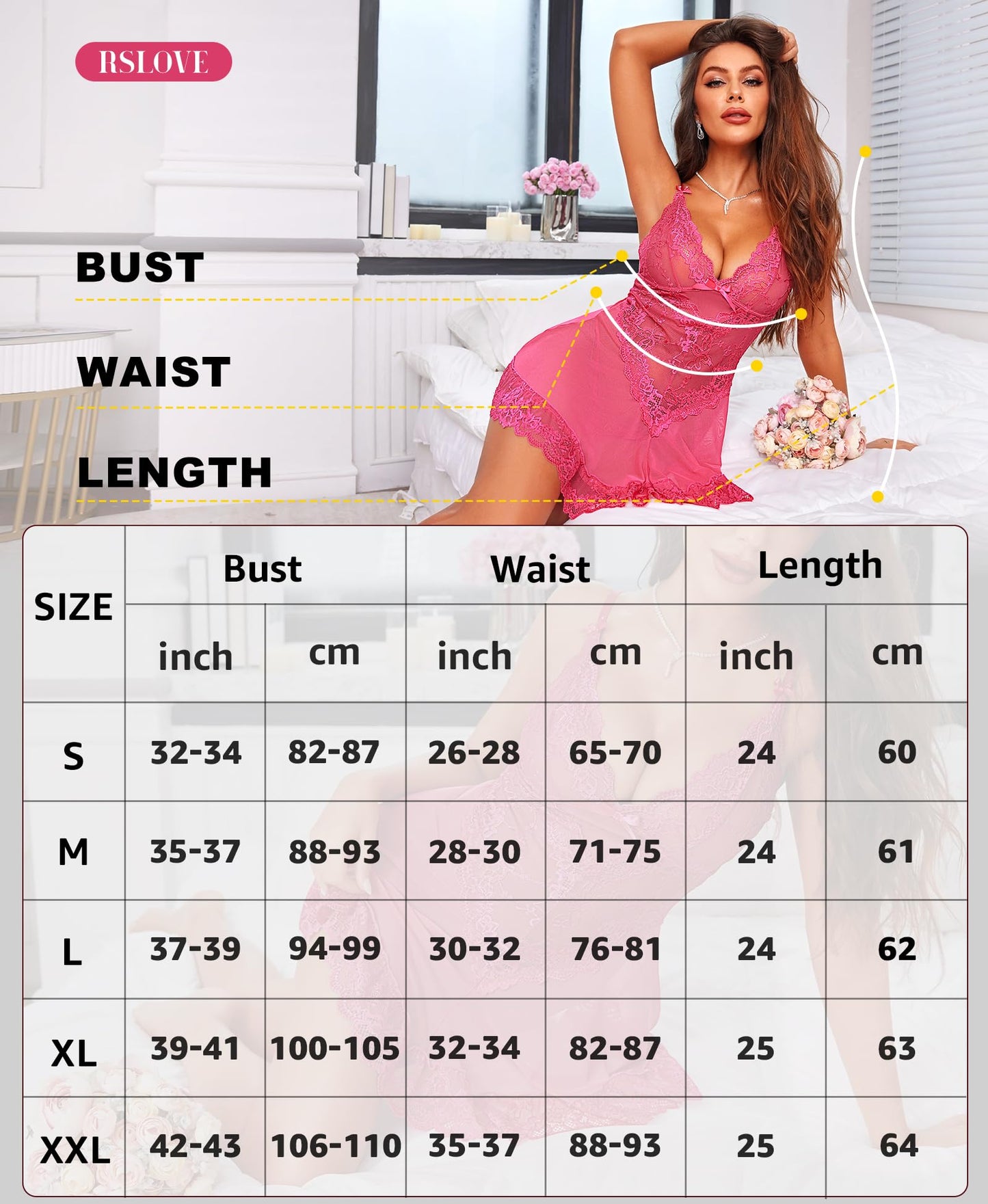 RSLOVE Babydoll Lingerie for Women, Lace Chemise, Sexy Sleepwear, Dress