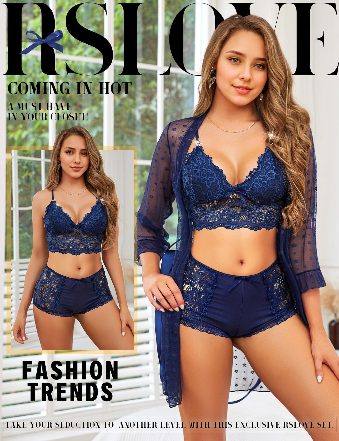 RSLOVE Sexy Lingerie Set for Women - Lace Underwear Dressing Gown with Bra and Panties