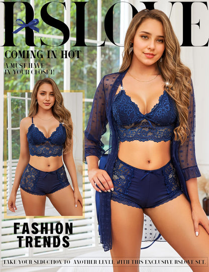 RSLOVE Sexy Lingerie Set for Women - Lace Underwear Dressing Gown with Bra and Panties