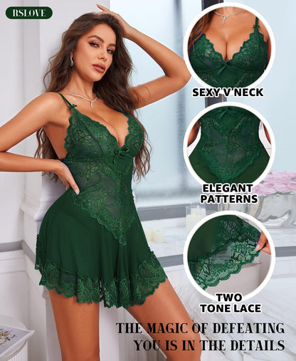 RSLOVE Babydoll Lingerie for Women, Lace Chemise, Sexy Sleepwear, Dress