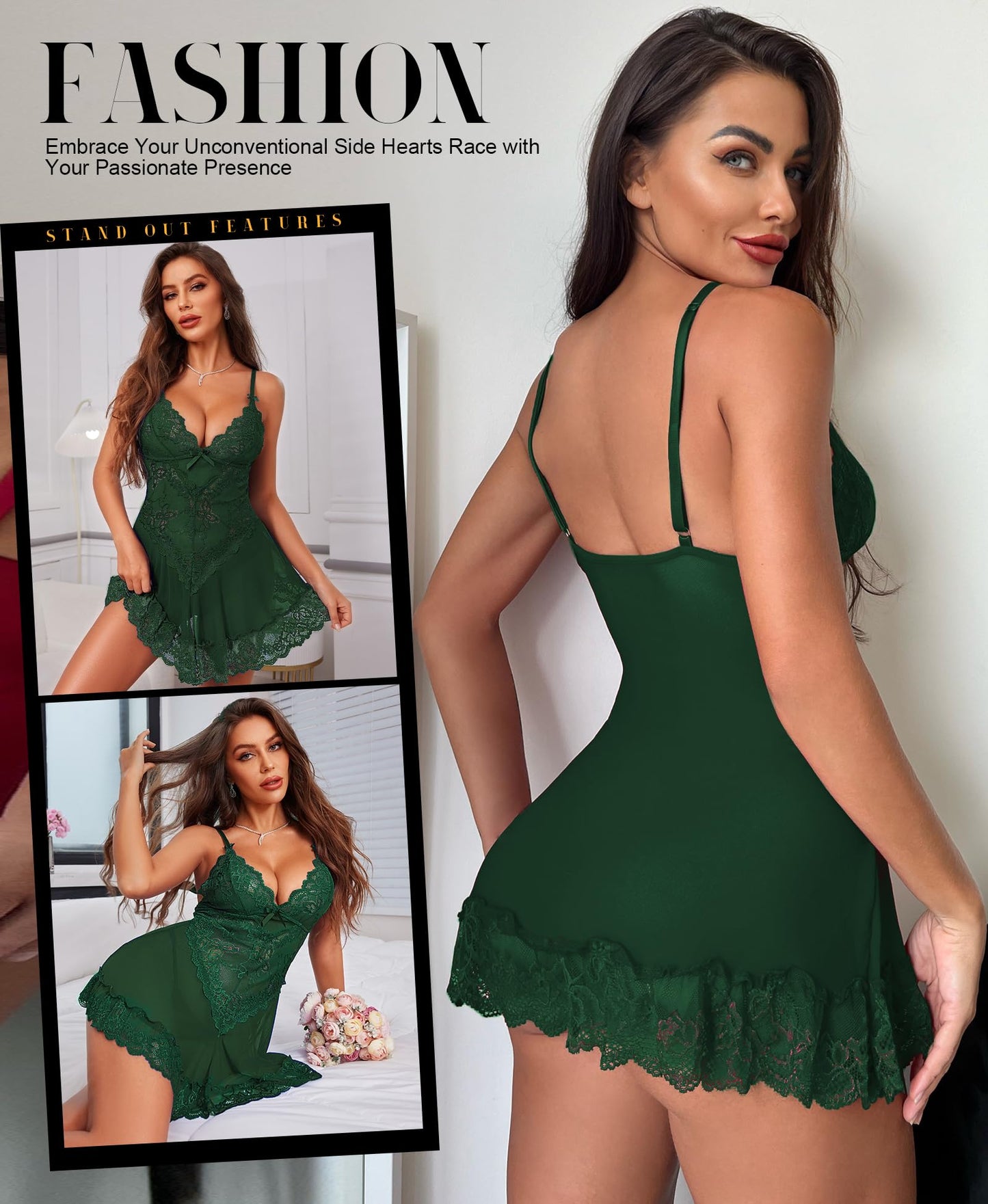 RSLOVE Babydoll Lingerie for Women, Lace Chemise, Sexy Sleepwear, Dress