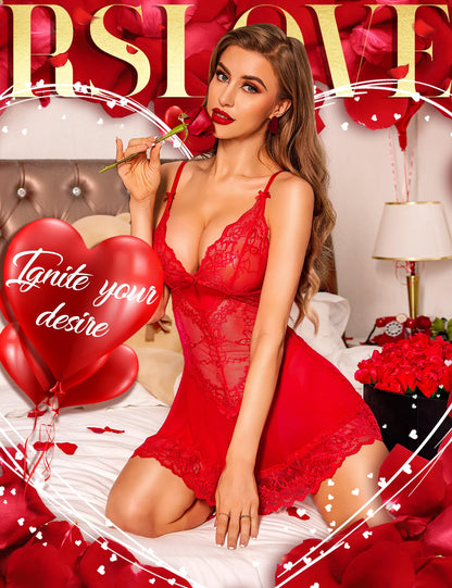 RSLOVE Babydoll Lingerie for Women, Lace Chemise, Sexy Sleepwear, Dress