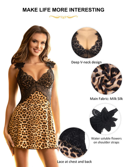 ohmydear Babydoll Lingerie for Women Large Sizes Negligee Women's Sexy Leopard Dress V-Neck Nightdress Women's Sexy Sleepwear with Briefs Soft Comfortable