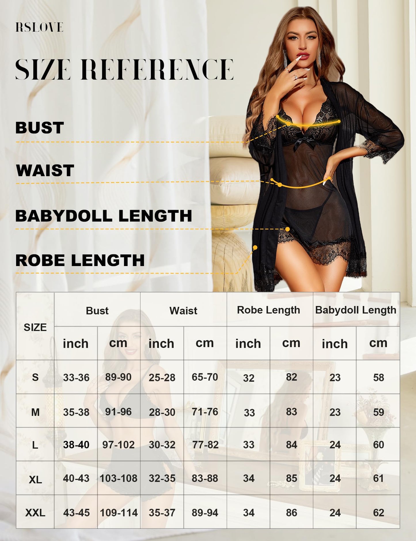 RSLOVE Sexy Lingerie for Women, Lace Babydoll with Dressing Gown, Night Dress, Sleepwear