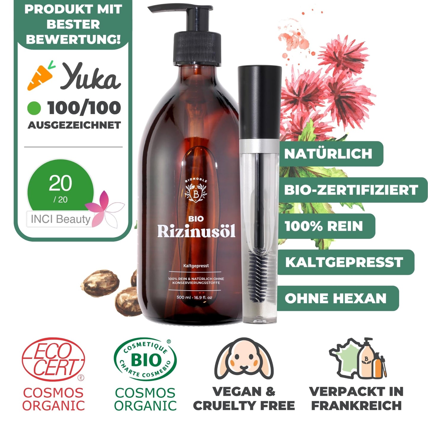 Bionoble Organic Castor Oil, 50 ml, 100% Pure, Natural and Cold Pressed, for Eyelashes, Eyebrows, Hair, Beard, Nails, Vegan and Cruelty-Free, Glass Bottle + Pipette + Pump