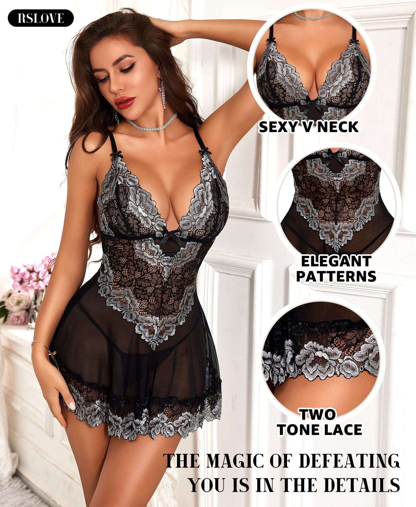 RSLOVE Babydoll Lingerie for Women, Lace Chemise, Sexy Sleepwear, Dress