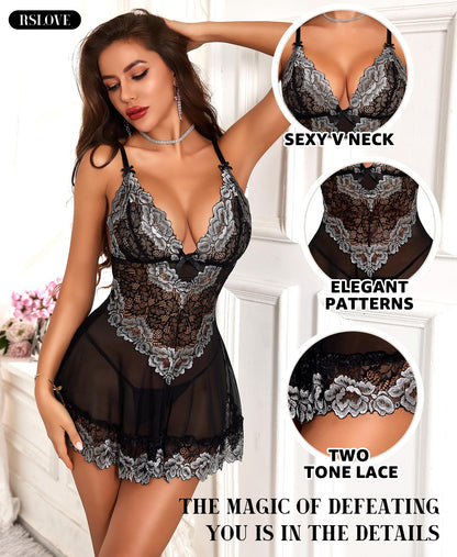 RSLOVE Babydoll Lingerie for Women, Lace Chemise, Sexy Sleepwear, Dress