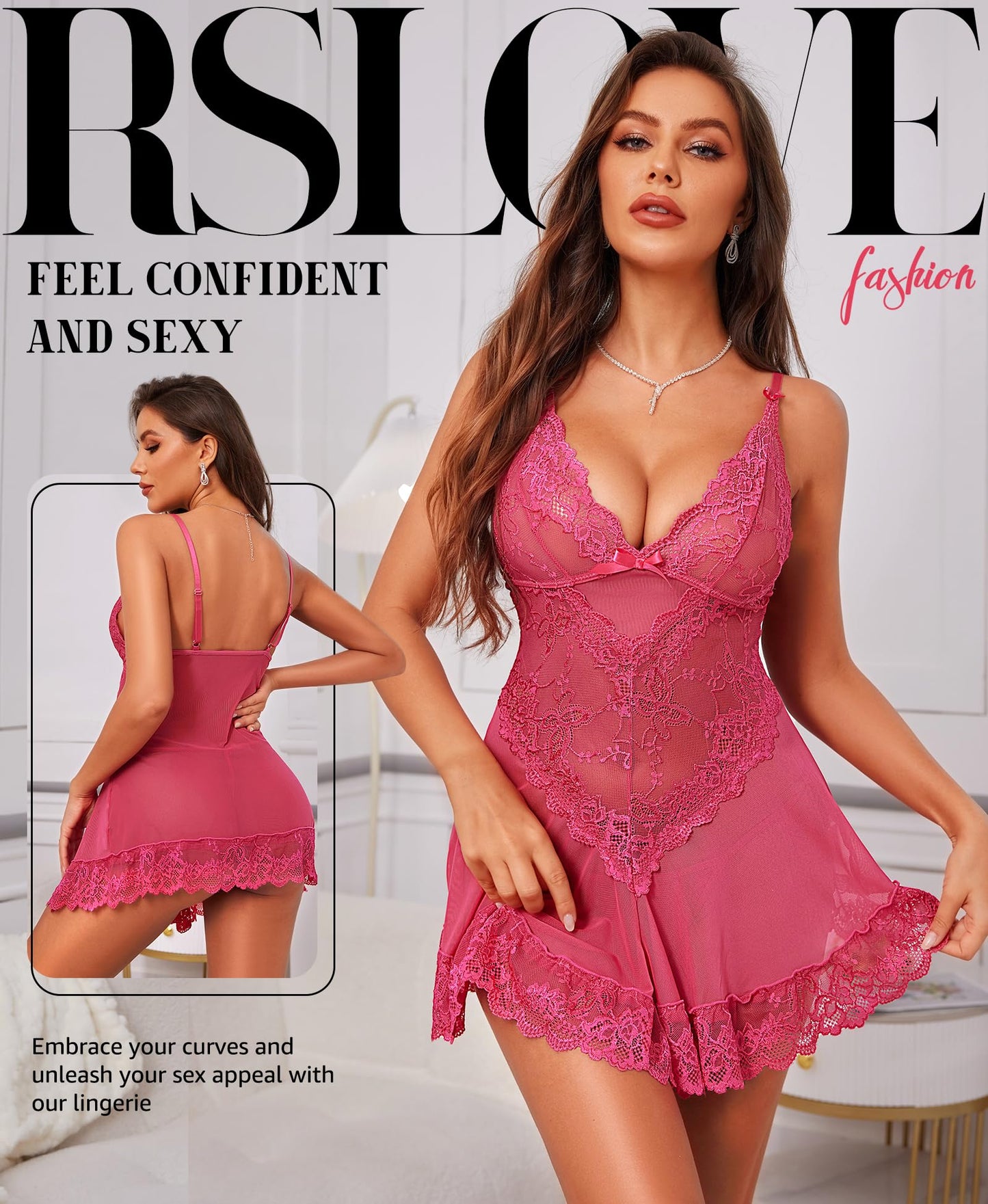 RSLOVE Babydoll Lingerie for Women, Lace Chemise, Sexy Sleepwear, Dress