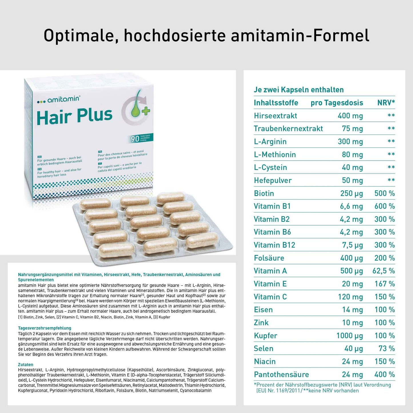 amitamin© Hair Plus Haar Vitamine | 60 Komplex Kapseln hochdosiert | Zink, Kupfer, Biotin, Selen, Folsäure plus 16 wichtige Nährstoffe | auch gegen erblichen Haarausfall | vegan | deutsche Herstellung