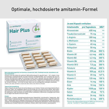 amitamin© Hair Plus Haar Vitamine | 60 Komplex Kapseln hochdosiert | Zink, Kupfer, Biotin, Selen, Folsäure plus 16 wichtige Nährstoffe | auch gegen erblichen Haarausfall | vegan | deutsche Herstellung