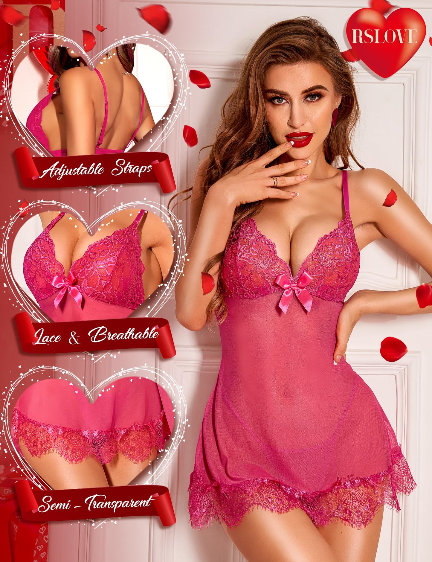 RSLOVE Sexy Lingerie for Women, Lace Babydoll with Dressing Gown, Night Dress, Sleepwear