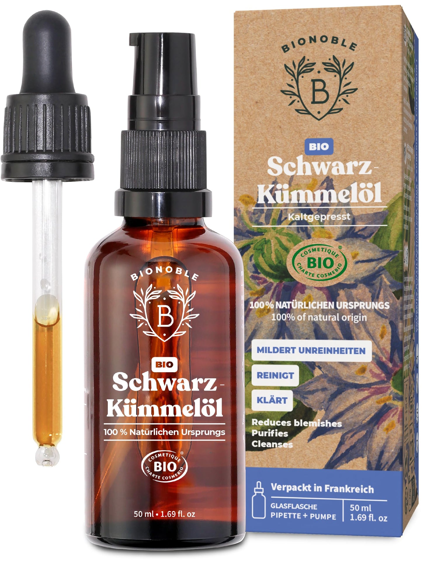 Bionoble Organic Castor Oil, 50 ml, 100% Pure, Natural and Cold Pressed, for Eyelashes, Eyebrows, Hair, Beard, Nails, Vegan and Cruelty-Free, Glass Bottle + Pipette + Pump