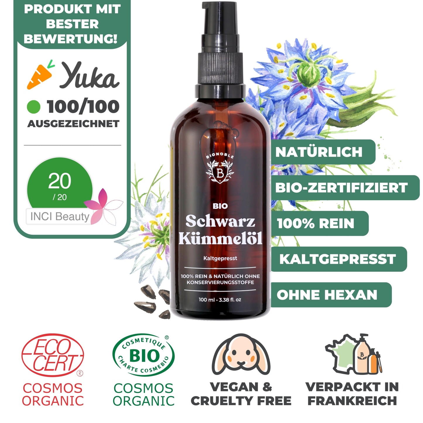 Bionoble Organic Castor Oil, 50 ml, 100% Pure, Natural and Cold Pressed, for Eyelashes, Eyebrows, Hair, Beard, Nails, Vegan and Cruelty-Free, Glass Bottle + Pipette + Pump