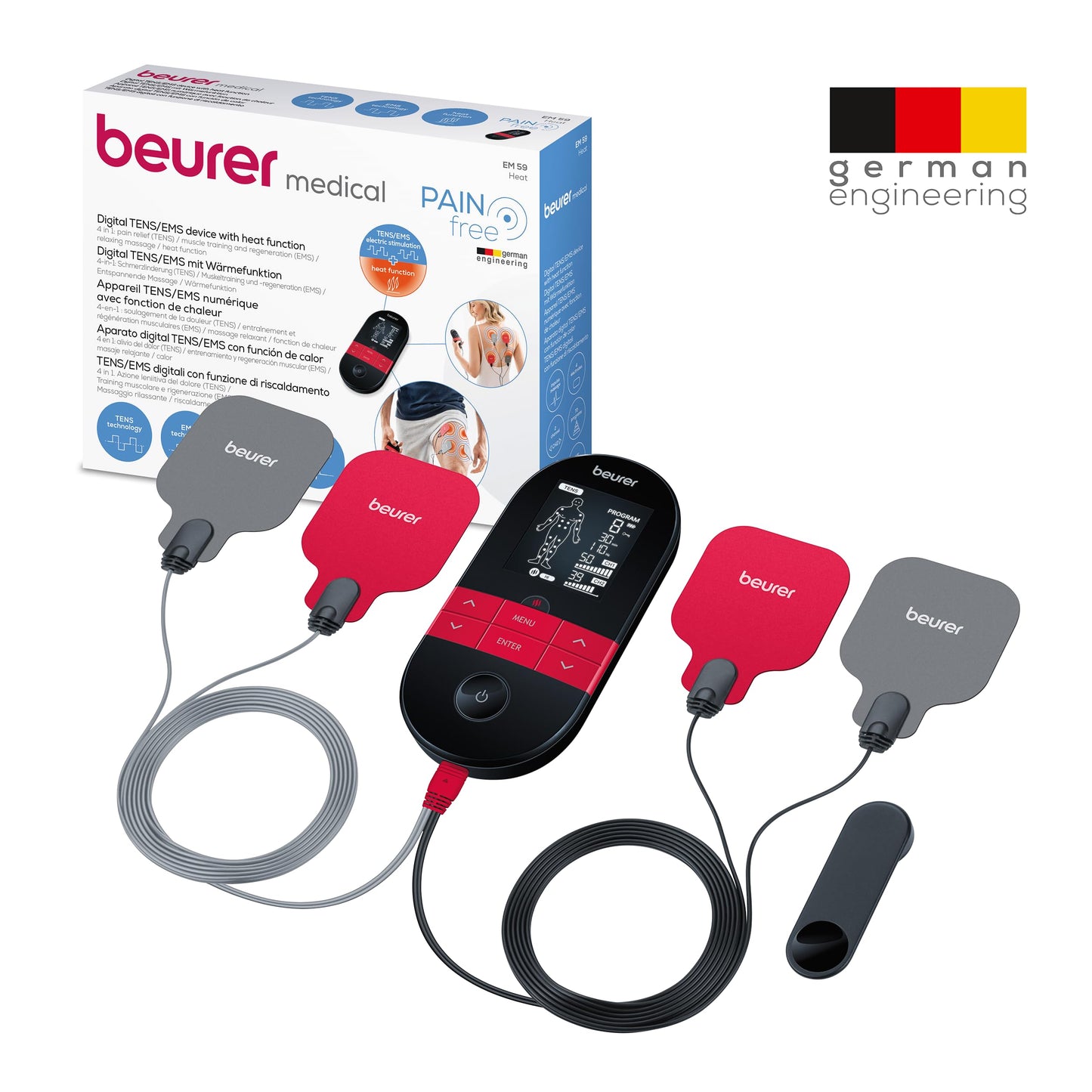 Beurer EM 89 Digital TENS/EMS Gerät mit Wärmefunktion, 4-in-1 Funktion zur Schmerztherapie, Muskelstimulation, Massage und Wärmetherapie, 4 getrennt regelbare Kanäle, 8 Elektroden & Akku