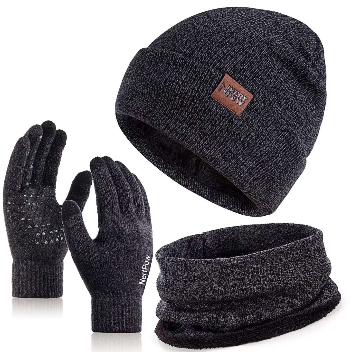 Nertpow Mütze, Schal & Handschuh-Sets für Damen Herren,Touchscreen Handschuhe Winter Beanie Mütze Stricken mit Fleece Gefüttert Schal Halswärmer Geschenk Set