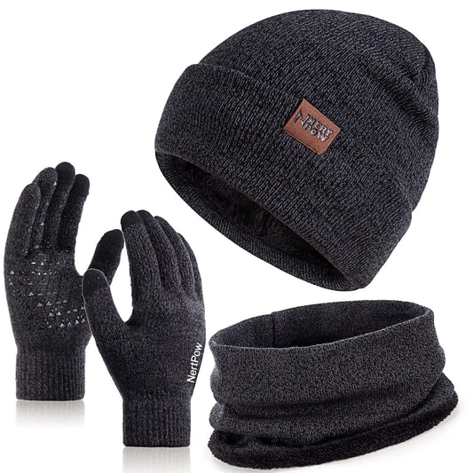 Nertpow Mütze, Schal & Handschuh-Sets für Damen Herren,Touchscreen Handschuhe Winter Beanie Mütze Stricken mit Fleece Gefüttert Schal Halswärmer Geschenk Set