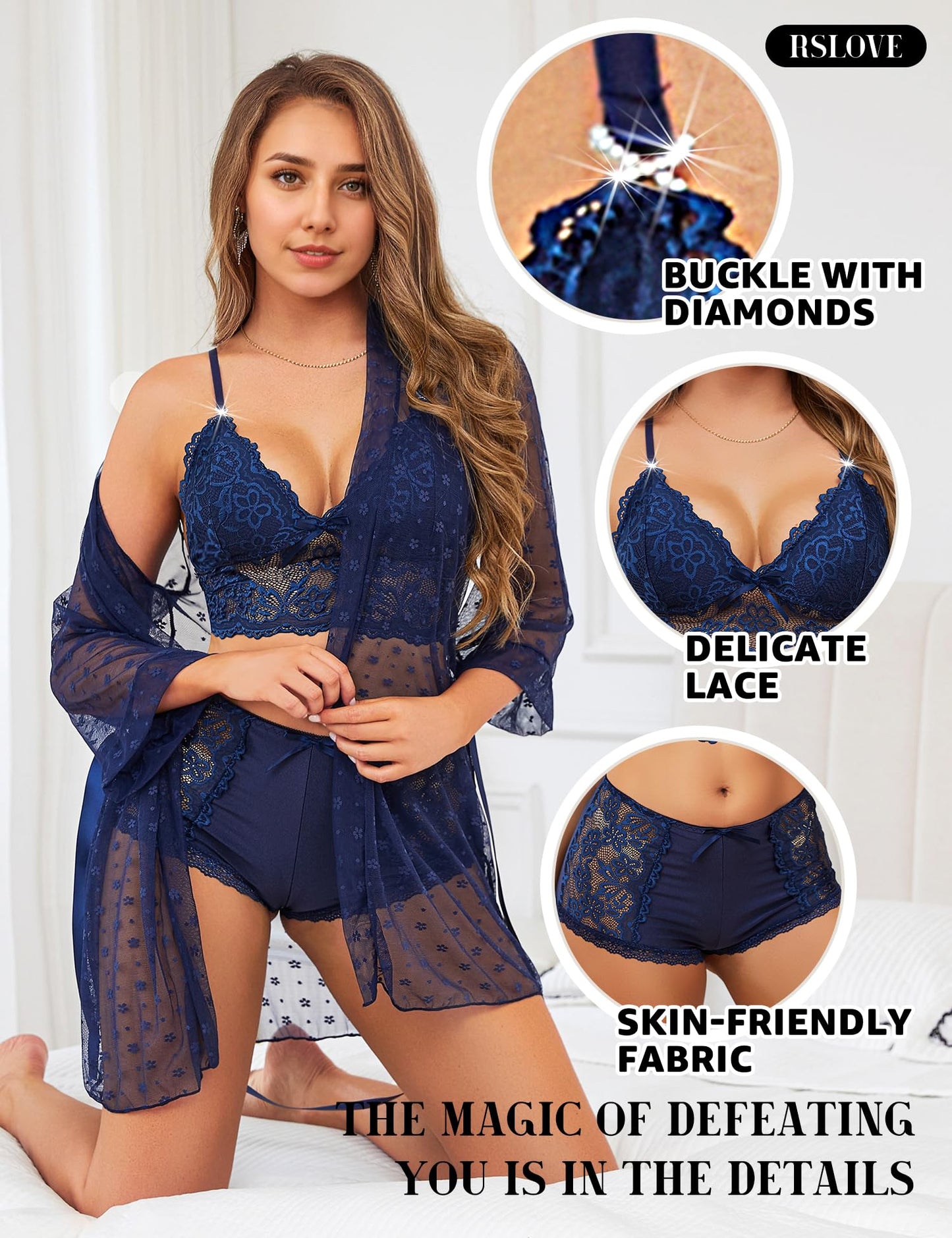 RSLOVE Sexy Lingerie Set for Women - Lace Underwear Dressing Gown with Bra and Panties
