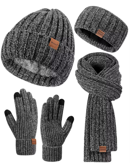 Winuesa Stirnband, Mütze, Schal & Handschuh-Sets für Damen, Chenille Beanie Mütze Mit Fleece Gefüttert Ohrenwärmer Stricken Schal Touchscreen Handschuhe Warm 4-in-1 Geschenk Set