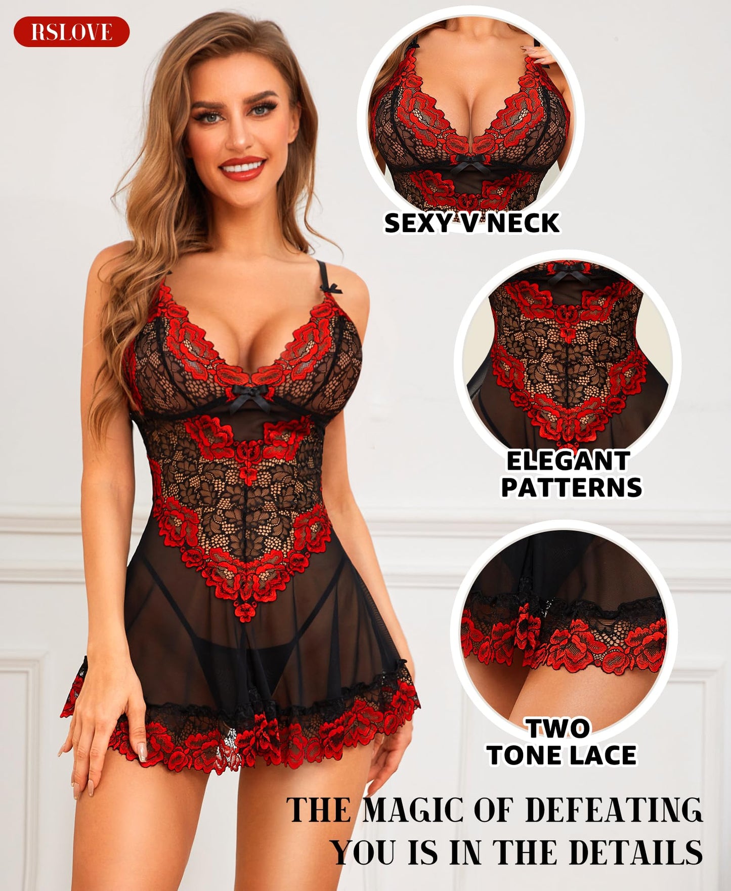 RSLOVE Babydoll Lingerie for Women, Lace Chemise, Sexy Sleepwear, Dress