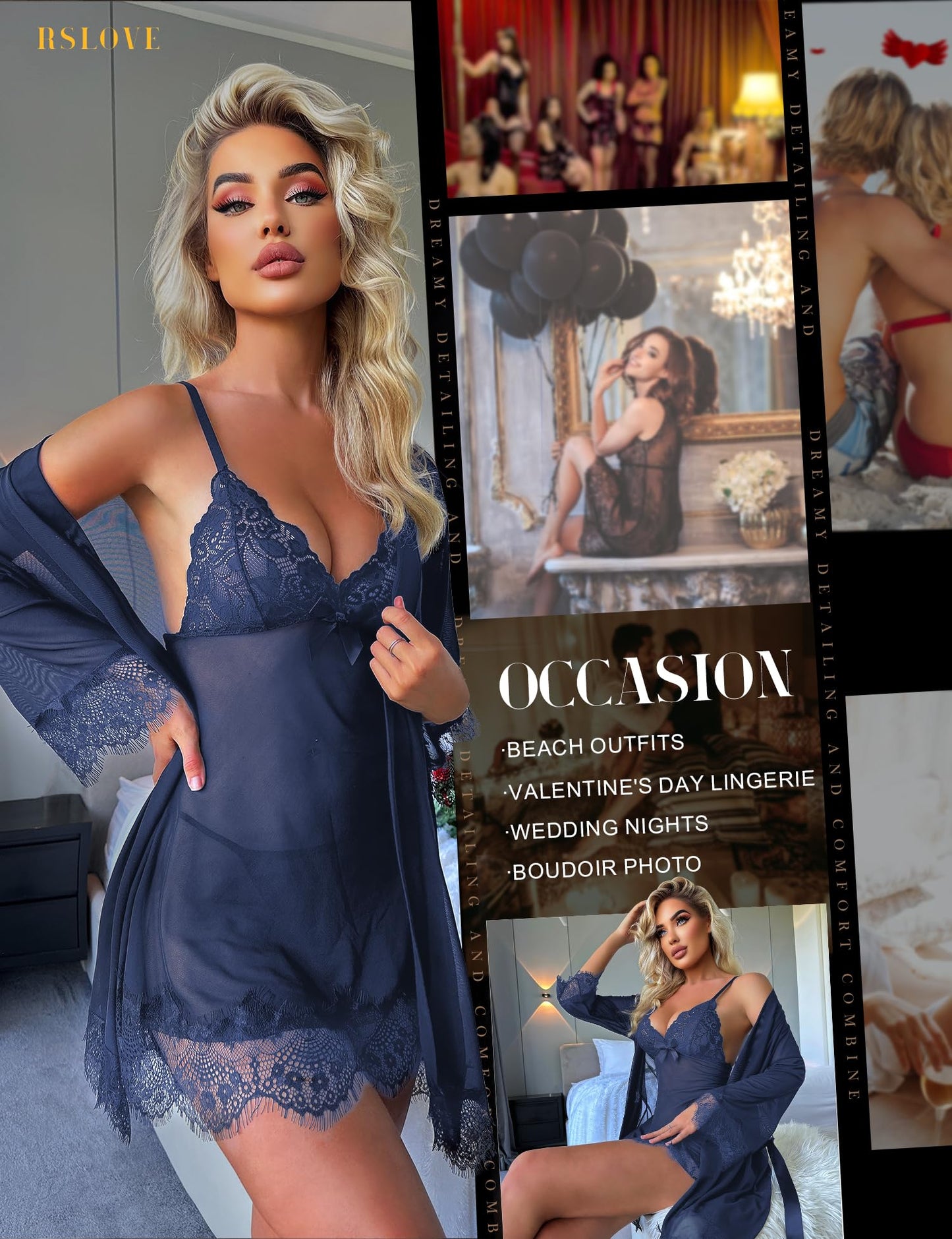 RSLOVE Sexy Lingerie for Women, Lace Babydoll with Dressing Gown, Night Dress, Sleepwear