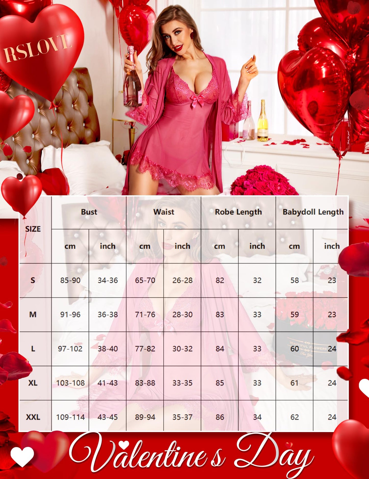 RSLOVE Sexy Lingerie for Women, Lace Babydoll with Dressing Gown, Night Dress, Sleepwear