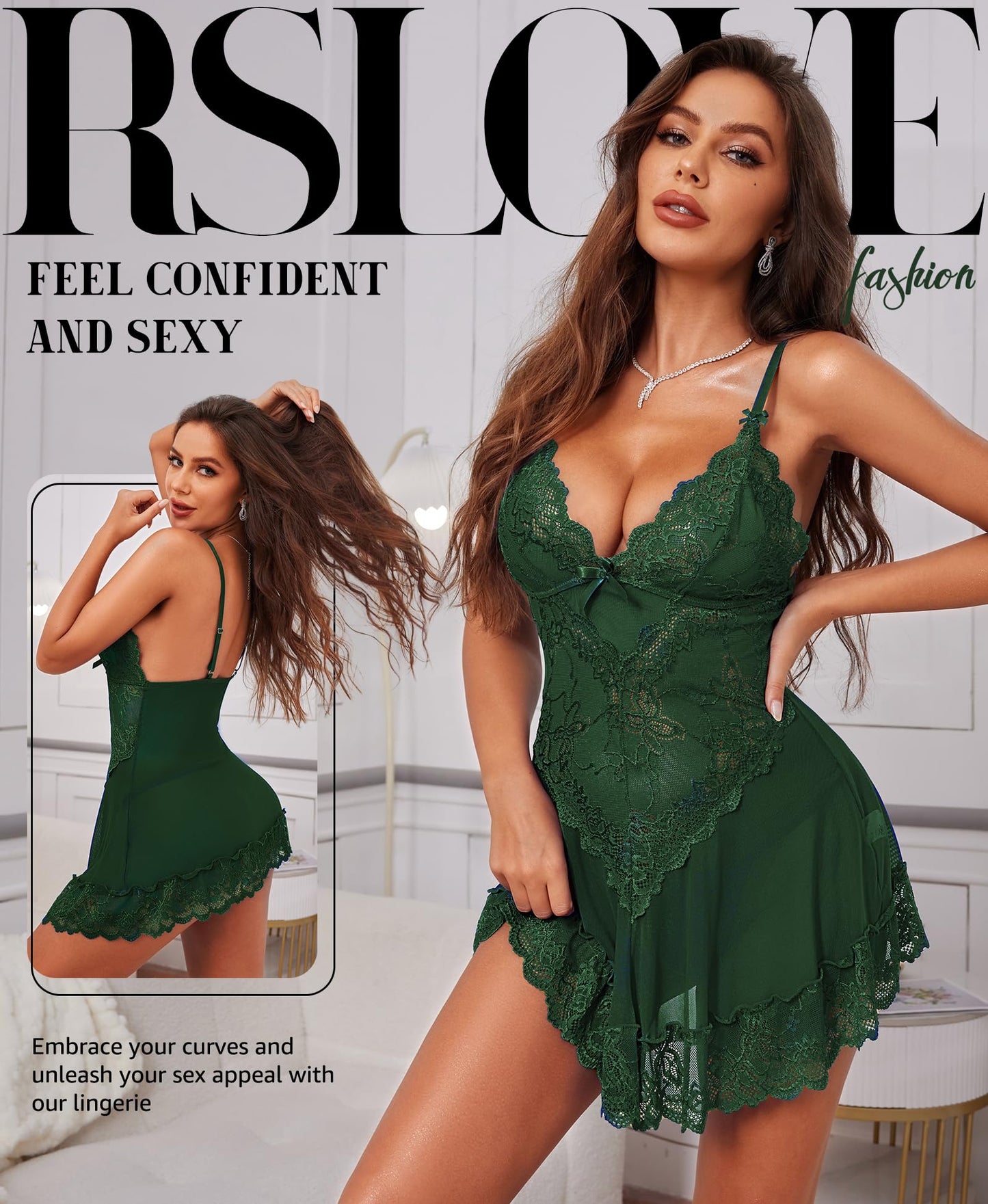 RSLOVE Babydoll Lingerie for Women, Lace Chemise, Sexy Sleepwear, Dress
