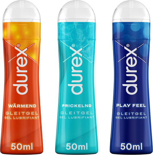 Durex Play Gleitgel Vielseitige Mixpackung für Frauen & Männer - Set mit Gleitmittel auf Wasserbasis für Sex & kondomegeeignet (3 x 50 ml)