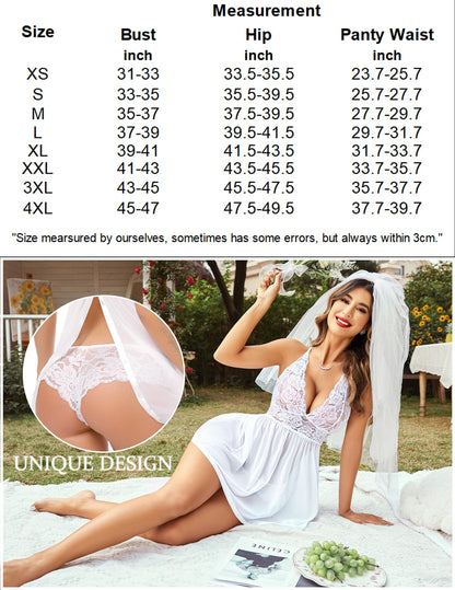 ADOME Lace Negligee V-Neck Babydoll Lingerie Open Back Sleepwear Dress Lingerie Underwear for Women with Panties