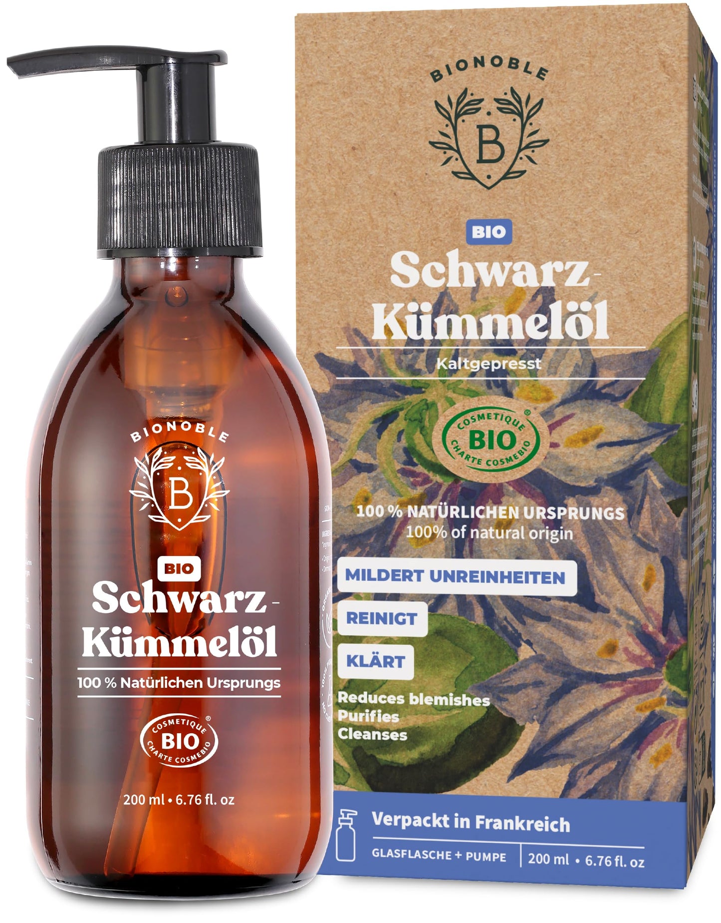 Bionoble Organic Castor Oil, 50 ml, 100% Pure, Natural and Cold Pressed, for Eyelashes, Eyebrows, Hair, Beard, Nails, Vegan and Cruelty-Free, Glass Bottle + Pipette + Pump