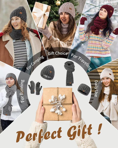 Winuesa Stirnband, Mütze, Schal & Handschuh-Sets für Damen, Chenille Beanie Mütze Mit Fleece Gefüttert Ohrenwärmer Stricken Schal Touchscreen Handschuhe Warm 4-in-1 Geschenk Set