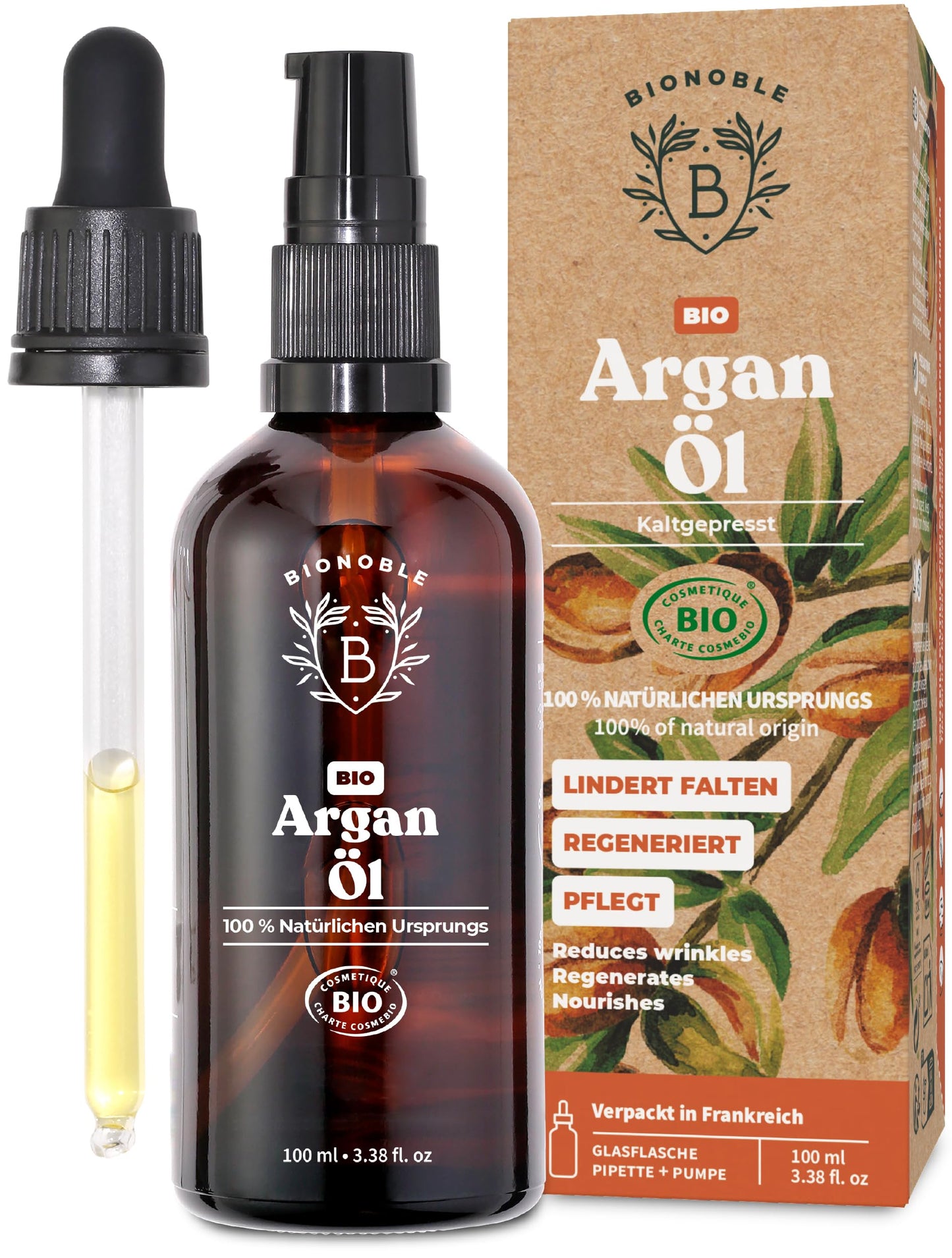 Bionoble Organic Castor Oil, 50 ml, 100% Pure, Natural and Cold Pressed, for Eyelashes, Eyebrows, Hair, Beard, Nails, Vegan and Cruelty-Free, Glass Bottle + Pipette + Pump