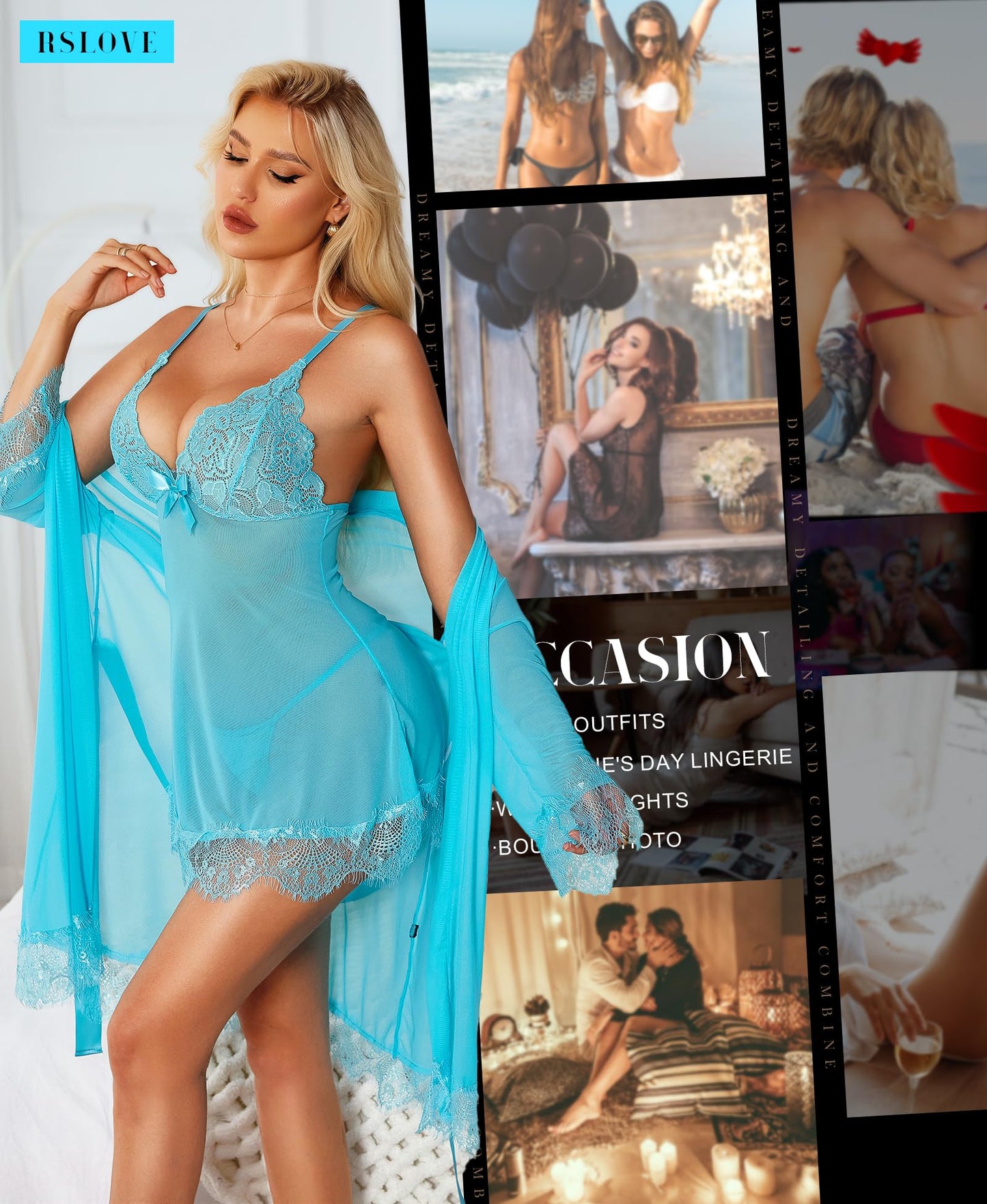 RSLOVE Sexy Lingerie for Women, Lace Babydoll with Dressing Gown, Night Dress, Sleepwear