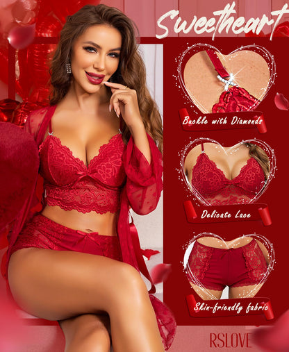 RSLOVE Sexy Lingerie Set for Women - Lace Underwear Dressing Gown with Bra and Panties