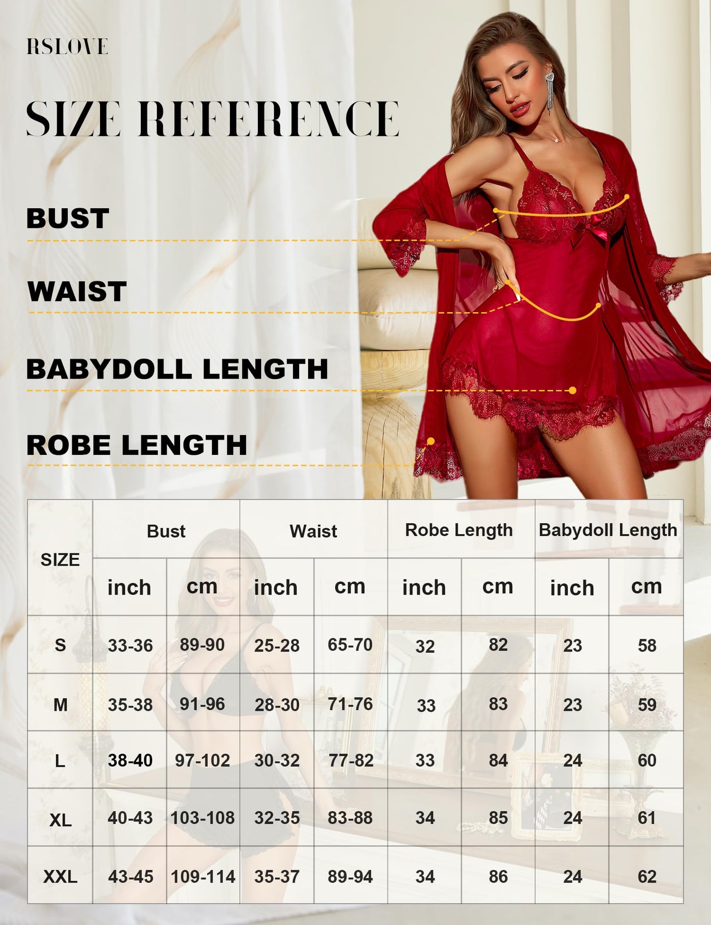 RSLOVE Sexy Lingerie for Women, Lace Babydoll with Dressing Gown, Night Dress, Sleepwear