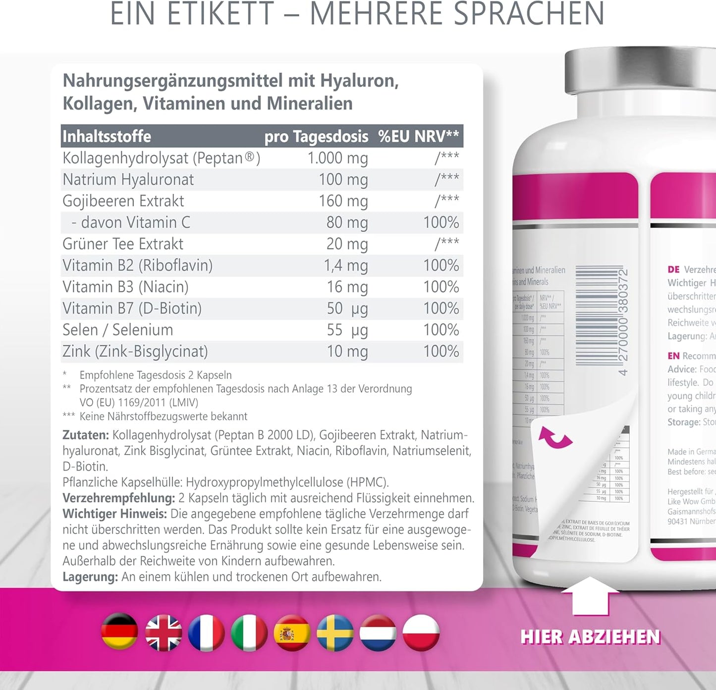 Premium Kollagen Hyaluronsäure Komplex - mit dem Superfood Gojibeere und Grüntee - 180 Kollagen Kapseln vom Weiderind. 1000mg Kollagen Hydrolysat, Biotin, Selen, Zink, Vitamine C, B2, B3.