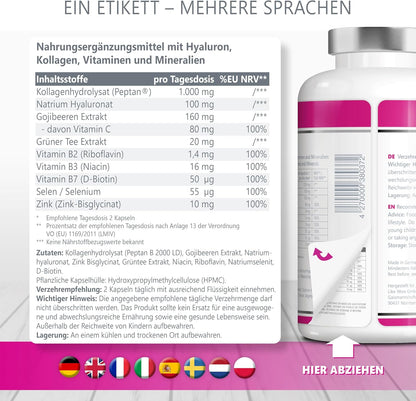 Premium Kollagen Hyaluronsäure Komplex - mit dem Superfood Gojibeere und Grüntee - 180 Kollagen Kapseln vom Weiderind. 1000mg Kollagen Hydrolysat, Biotin, Selen, Zink, Vitamine C, B2, B3.