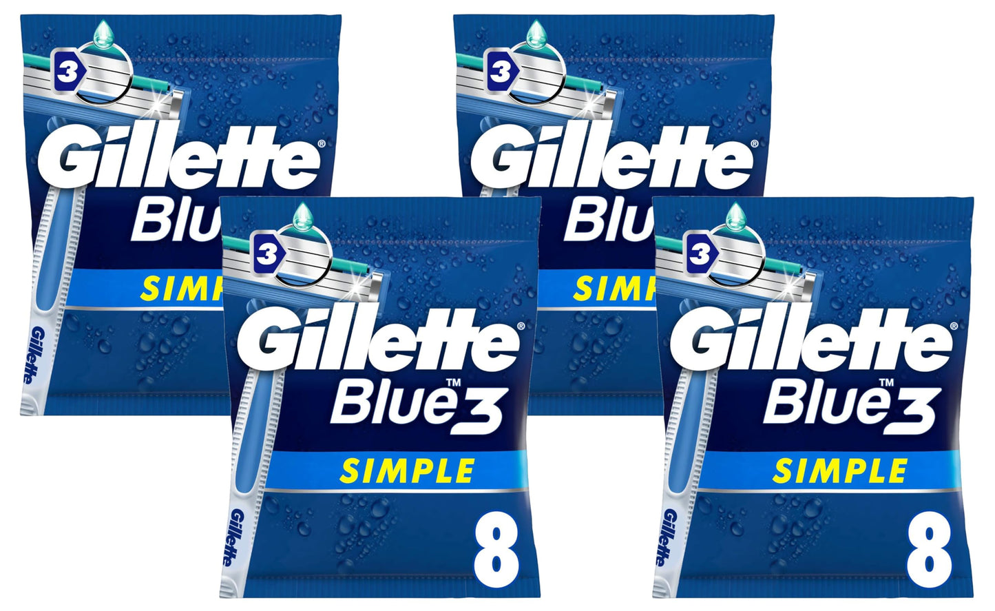 Gillette Blue3 Simple Men's Disposable Razor, 8 Razors with Triple Blade, Wet Razor with Fixed Blade Head, Moisture Strips