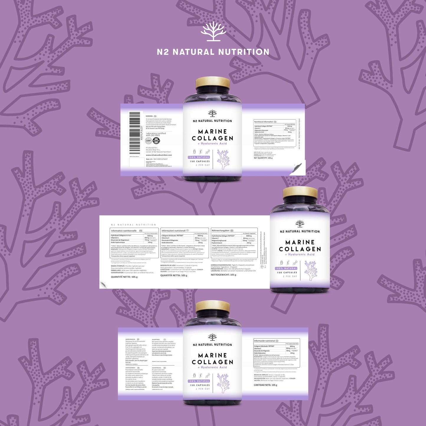 Marine collagen hydrolysate capsules high-dose hyaluronic acid, vitamin C. Joint bone and skin care, anti-ageing. Premium Peptan collagen 90 Vegetable capsules CE. N2 Natural Nutrition