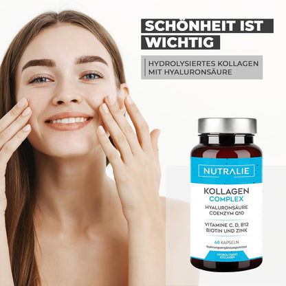 Kollagen Kapseln Komplex + Q10 Hyaluron - Hochdosiert - Gelenke Haut - Biotin Vit C D B12 Zink - Collagen Hydrolysat in 60 Kapseln - Nutralie