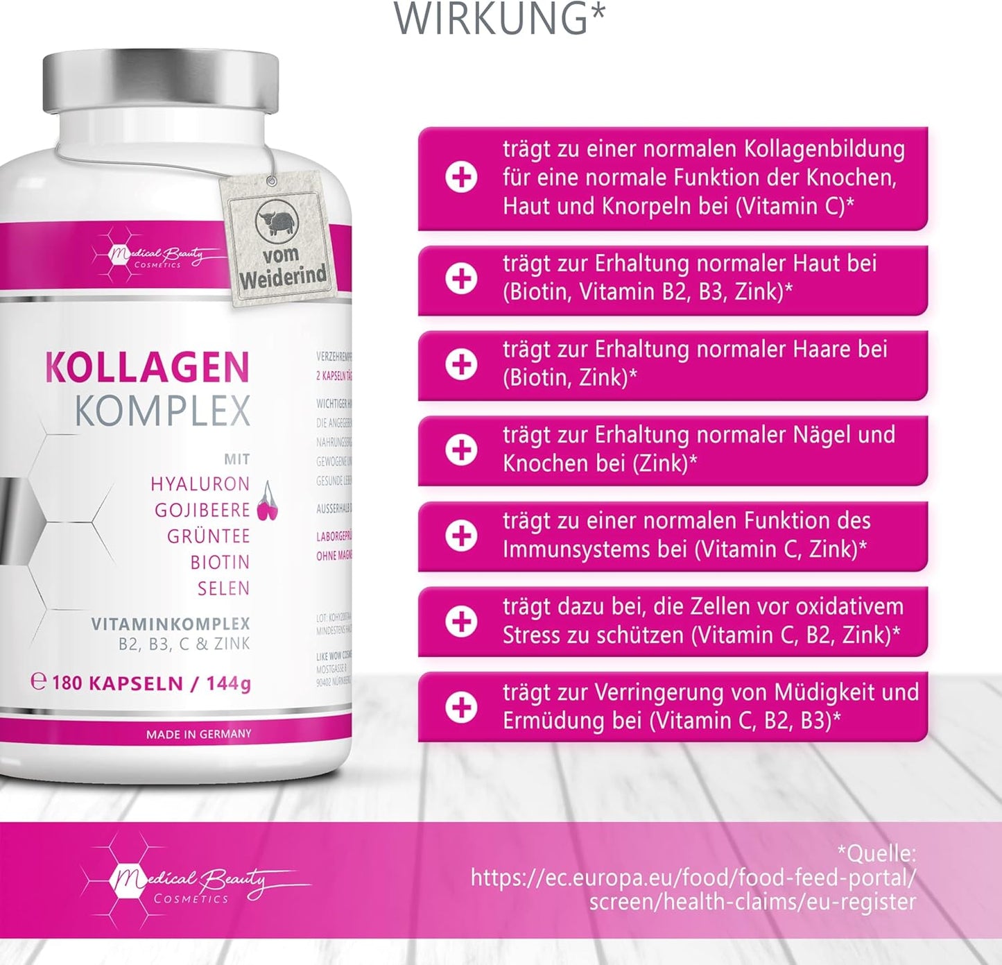 Premium Kollagen Hyaluronsäure Komplex - mit dem Superfood Gojibeere und Grüntee - 180 Kollagen Kapseln vom Weiderind. 1000mg Kollagen Hydrolysat, Biotin, Selen, Zink, Vitamine C, B2, B3.