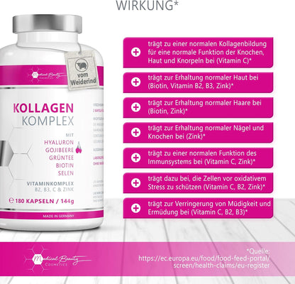 Premium Kollagen Hyaluronsäure Komplex - mit dem Superfood Gojibeere und Grüntee - 180 Kollagen Kapseln vom Weiderind. 1000mg Kollagen Hydrolysat, Biotin, Selen, Zink, Vitamine C, B2, B3.