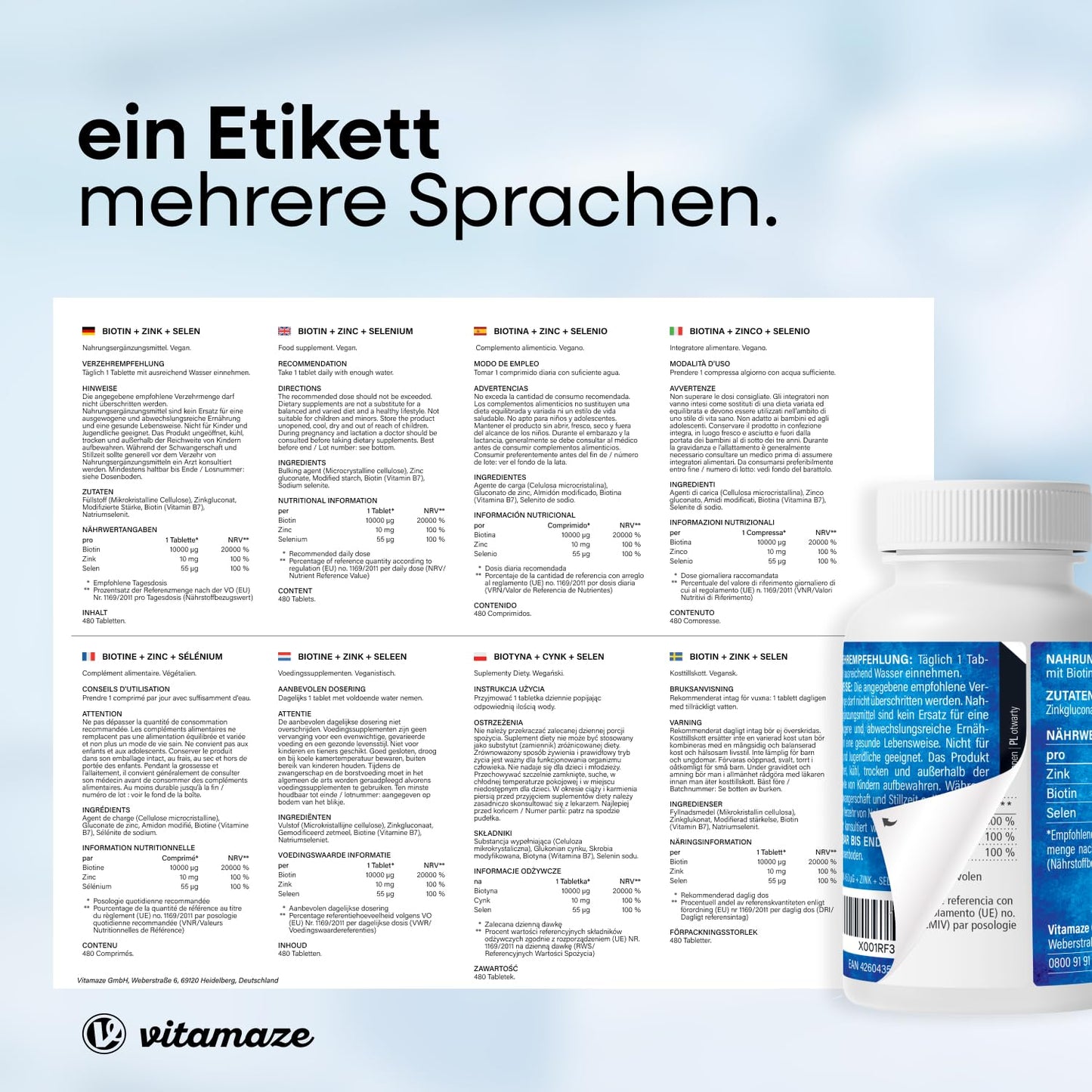 Biotin High Dose with Selenium and Zinc for Hair Growth, Skin and Nails, 365 Vegan Tablets for 1 Year, Biotin High Dose 10,000 mcg, Made in Germany