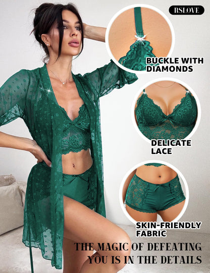 RSLOVE Sexy Lingerie Set for Women - Lace Underwear Dressing Gown with Bra and Panties