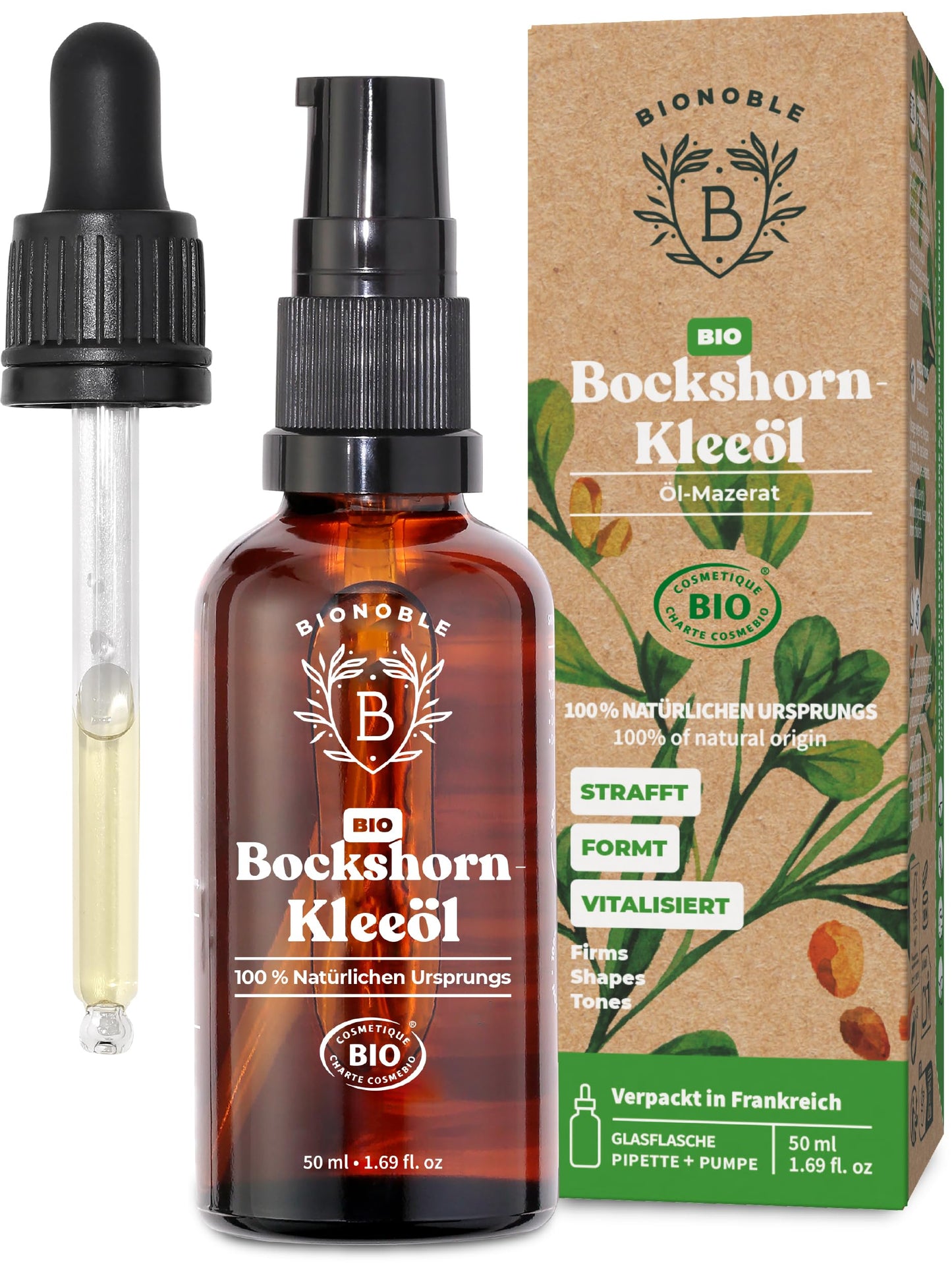 Bionoble Organic Castor Oil, 50 ml, 100% Pure, Natural and Cold Pressed, for Eyelashes, Eyebrows, Hair, Beard, Nails, Vegan and Cruelty-Free, Glass Bottle + Pipette + Pump