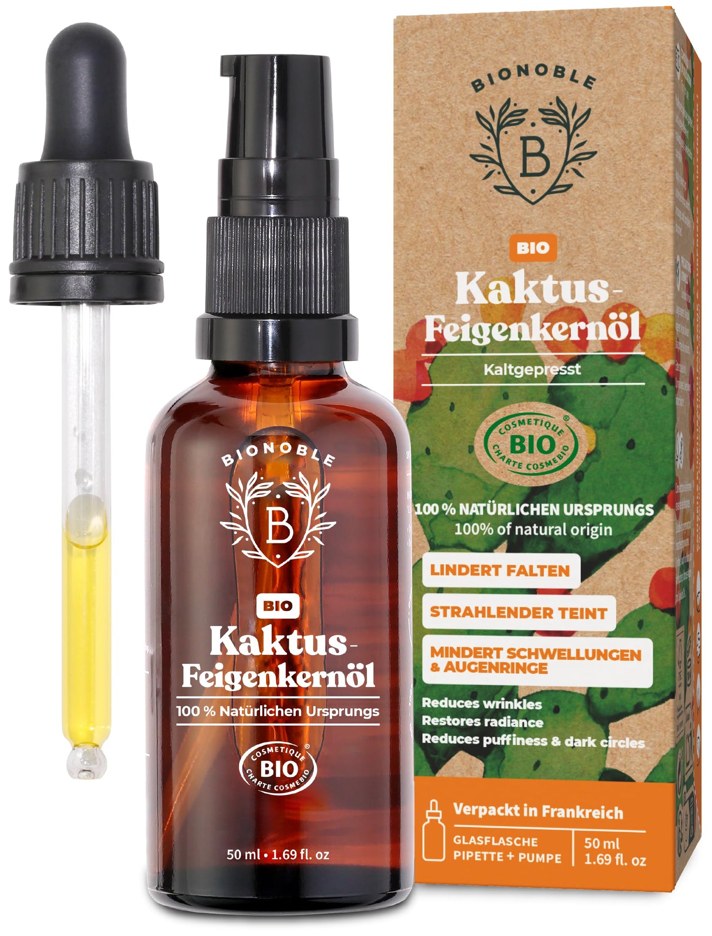 Bionoble Organic Castor Oil, 50 ml, 100% Pure, Natural and Cold Pressed, for Eyelashes, Eyebrows, Hair, Beard, Nails, Vegan and Cruelty-Free, Glass Bottle + Pipette + Pump