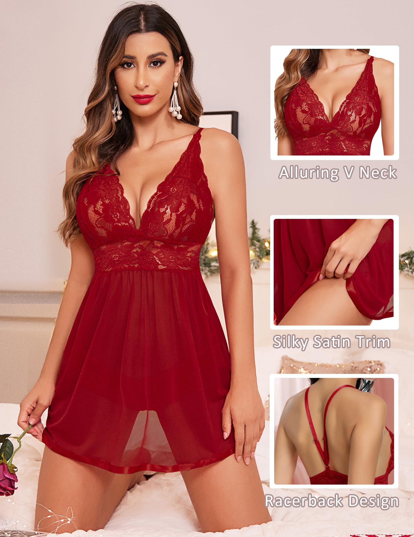 ADOME Lace Negligee V-Neck Babydoll Lingerie Open Back Sleepwear Dress Lingerie Underwear for Women with Panties